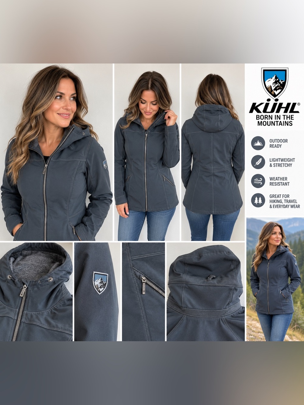 Kuhl Projekt Womens M Gray Hooded Softshell Jacket Full Zip Outdoor Hiking Coat
